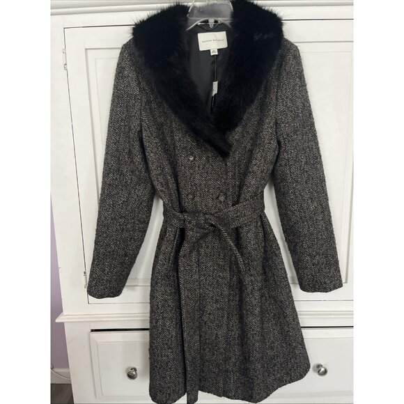 Banana Republic Coat Women Size M Herringbone Faux Fur Belted Wool Blend NEW - Picture 1 of 7